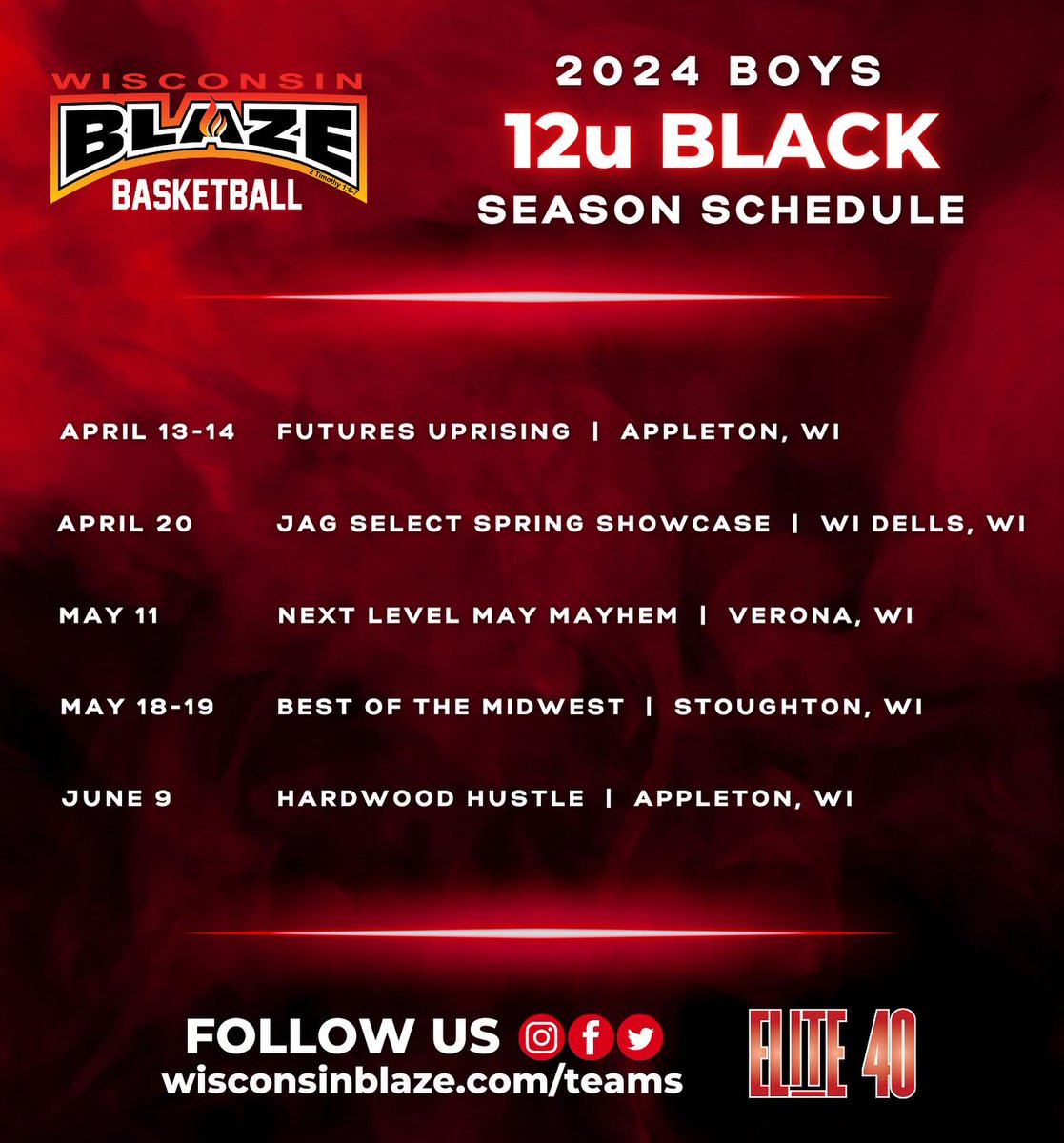 Here are the 10U-12U Boys schedules for the 2024 AAU season! #wisconsinblaze #beyourbest #betheflame🔥