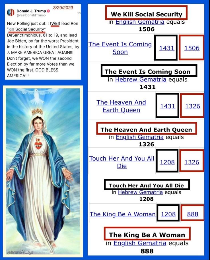 1506  We Kill Social Security

1431 The Event is Coming Soon

1326 The Heaven And Earth Queen

1208 Touch Her And You All Die

888 The King Be A Woman 

#TooTallRN_VeteransAlways