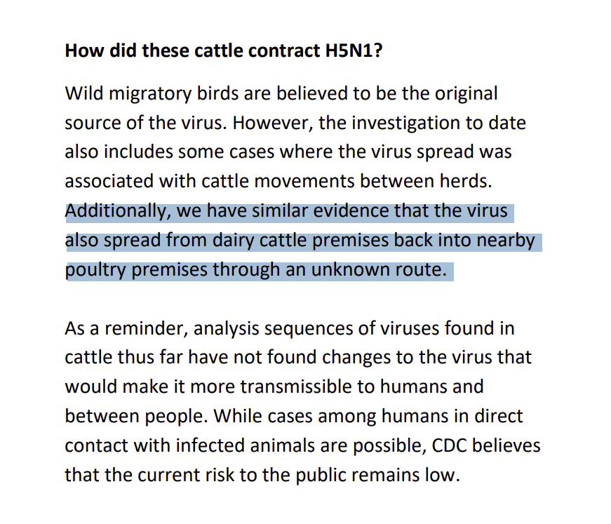 @RickABright @USDA It looks like @USDA_APHIS updated their #H5N1 FAQs y'day & added that they now have evidence that there's been transmission 'FROM dairy cattle BACK into nearby poultry premises through an unknown route.' aphis.usda.gov/sites/default/… @thijskuiken @HelenBranswell #HPAI #AvianFlu