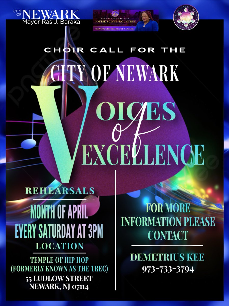 Choir Call for Voices of Excellence, a Newark Original Production! REHEARSALS EVERY SATURDAY AT 3PM NEXT REHEARSAL APRIL 20, 2024 LOCATION TEMPLE OF HIP HOP 55 LUDLOW STREET, NEWARK NJ