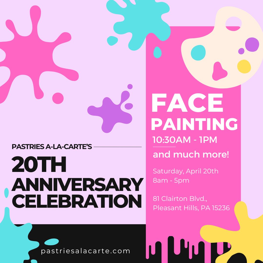 To celebrate 20 years in business, we will be offering free face painting from 10:30AM - 1PM this Saturday. Stop by our store at 81 Clairton Boulevard in Pleasant Hills to celebrate with us. 

#pittsburgh #pittsburghevents #pghevents #pleasanthills #facepainting #pastriesalacarte