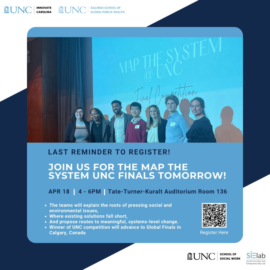 Join us tomorrow to witness UNC student teams in action at the final round of Map the System, a global competition diving deep into social and environmental issues. The winning team moves on to the Global Finals in Calgary, Canada. Register for the event at the link in the bio.