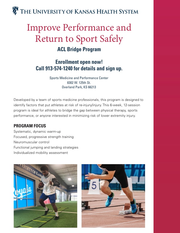 Learn more about our ACL Bridge Program. If you're returning from a knee/lower extremity injury & want to return to your pre-injury level of performance, this class is for you. Visit bit.ly/2YgTXtt or call 913-239-0646 for more details.