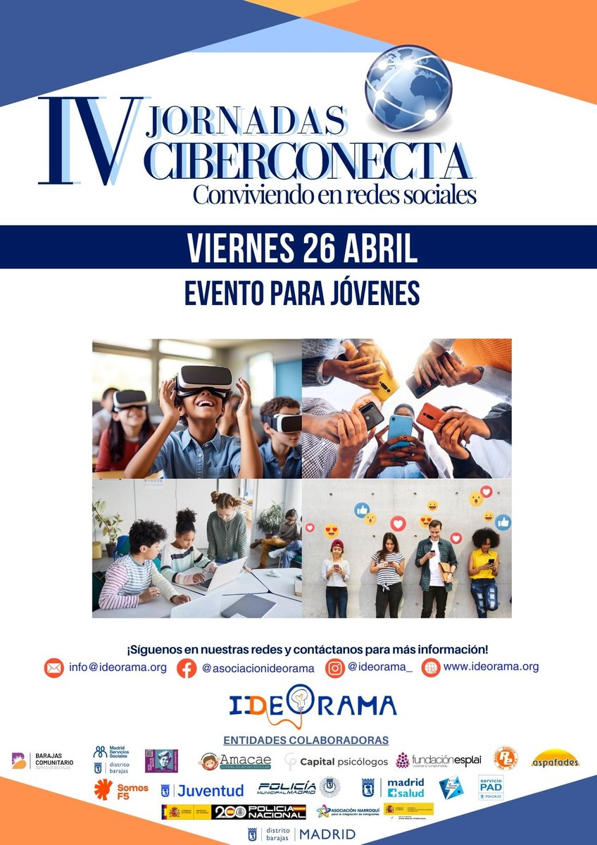 Te invitamos a participar en 
*IV JORNADAS CIBERCONECTA*

📧 Escríbenos para saber más información: info@ideorama.org

#educacion
#TICs
#ciberconvivencia
#barajas
#jornadasciberconecta 
#IVciberconecta