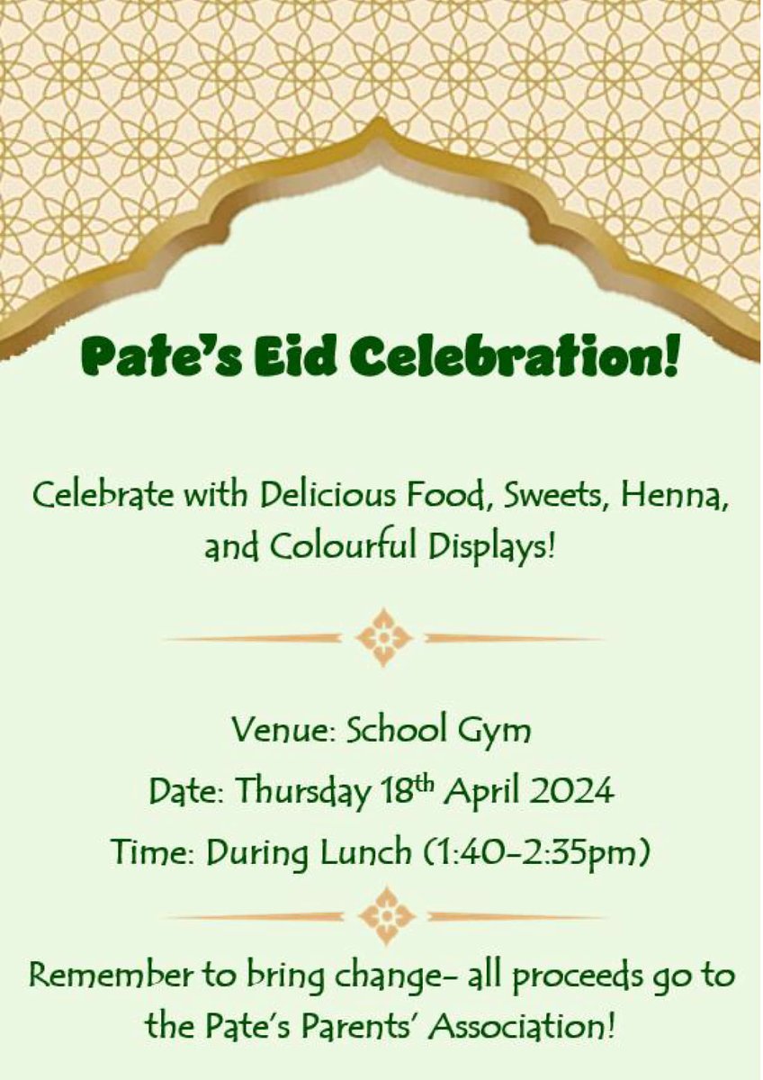 Looking forward to our fabulous Eid celebration tomorrow lunchtime - reminder for students to bring cash for all the fabulous stalls and activities! #wearepates #patesmagic #patesculture