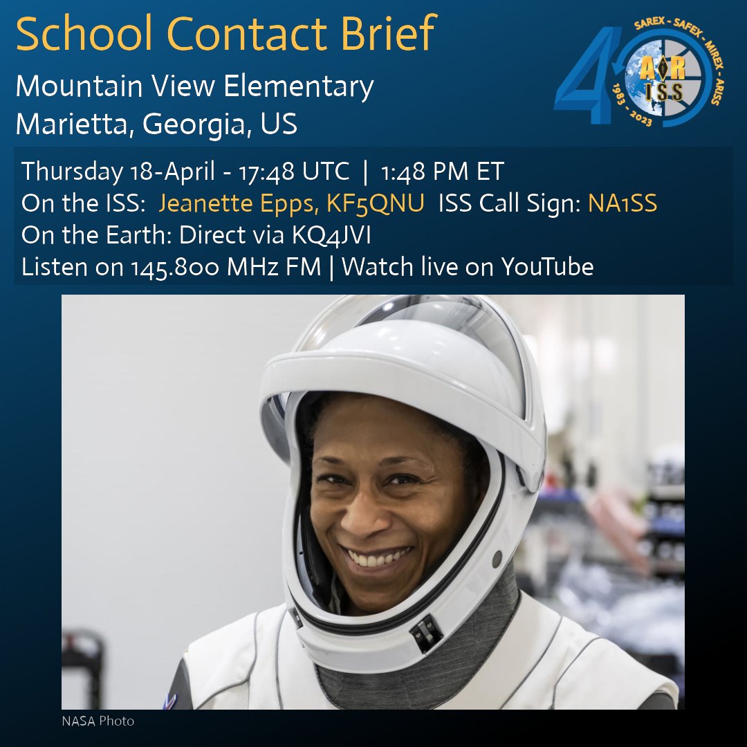 1 hour until contact!

Mountain View Elementary, Marietta, GA students will talk via #HamRadio to <a href="/Astro_Jeanette/">Jeanette J. Epps, PhD</a> on the <a href="/Space_Station/">International Space Station</a>.   

Scheduled for today at 17:48 UTC | 1:48 PM ET direct via KQ4JVI.     Listen on 145.800 MHz FM or watch at youtube.com/live/lDjyV6P9x…