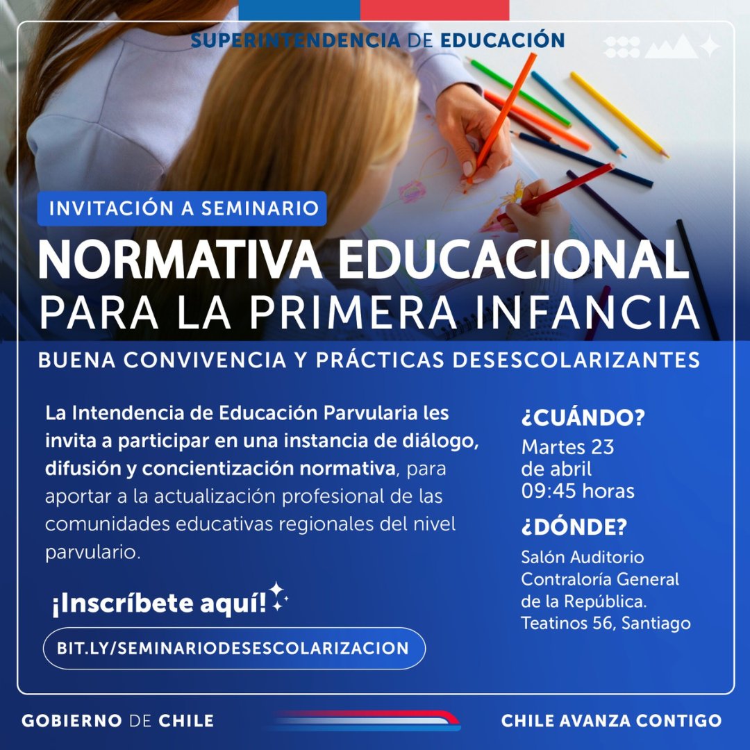 ✨ Les invitamos a ser parte de un espacio para conocer más sobre el fenómeno pedagógico de la 'desescolarización', cuyo propósito es el desarrollo educativo con atención y fomento de las particularidades del nivel parvulario. 📝 Inscríbete en 👉🏼 bit.ly/SeminarioDeses…