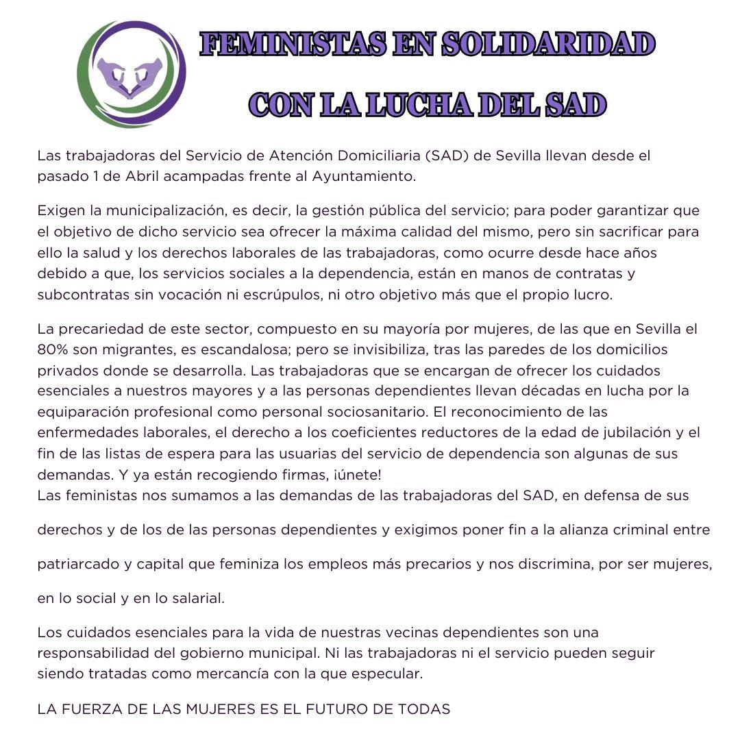 futurodetodas's tweet photo. Comunicado de La Fuerza de las Mujeres en defensa de los derechos de las trabajadoras del SAD y de las personas dependientes.
#MunicipalizaciónSAD
@Ayto_Sevilla 
@jlsanzalcalde https://t.co/B1hlsorMF0