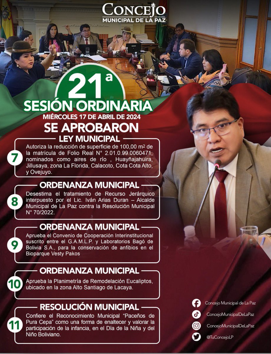 Las siguientes normas fueron aprobadas en la Sesión Ordinaria N°21/2024, dirigida por el presidente del #ConcejoMunicipal de #LaPaz, #LucioQuispe

#TodosPorLaPaz
#SomosTuConcejo
#ElConcejoDeLaGente