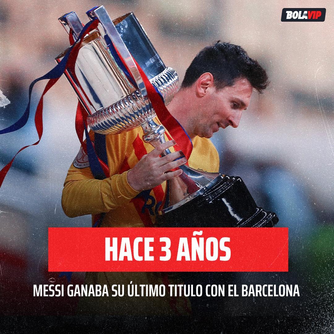 🔙 Hace exactamente 3 años, Lionel Messi convertía un DOBLETE y levantaba la Copa del Rey por SÉPTIMA VEZ en el Barcelona. Lo que no sabíamos en ese entonces era que iba a ser su último título en España... 💔🇪🇸