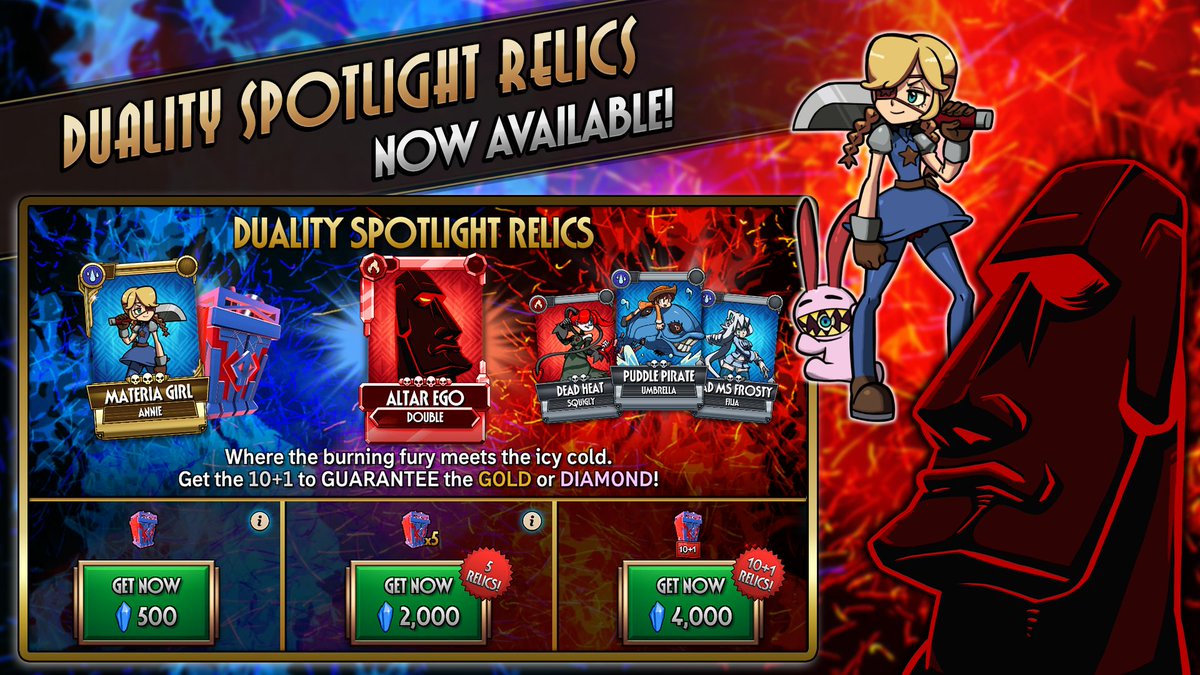 Duality Spotlight Relics are available until May14th! Each Spotlight is only available for a few weeks, and they have a VERY small loot table to help you get exactly the Fighter you're looking for. A 10+1 guarantees at least one MATERIA GIRL or ALTAR EGO!