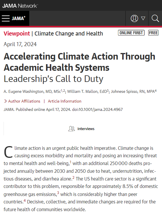 Viewpoint makes the case for academic health systems to lead the way on climate change action in the US, including planning to reduce greenhouse gas emissions, educating current and future clinicians, and communicating with their patients and communities. ja.ma/4aUGm0f