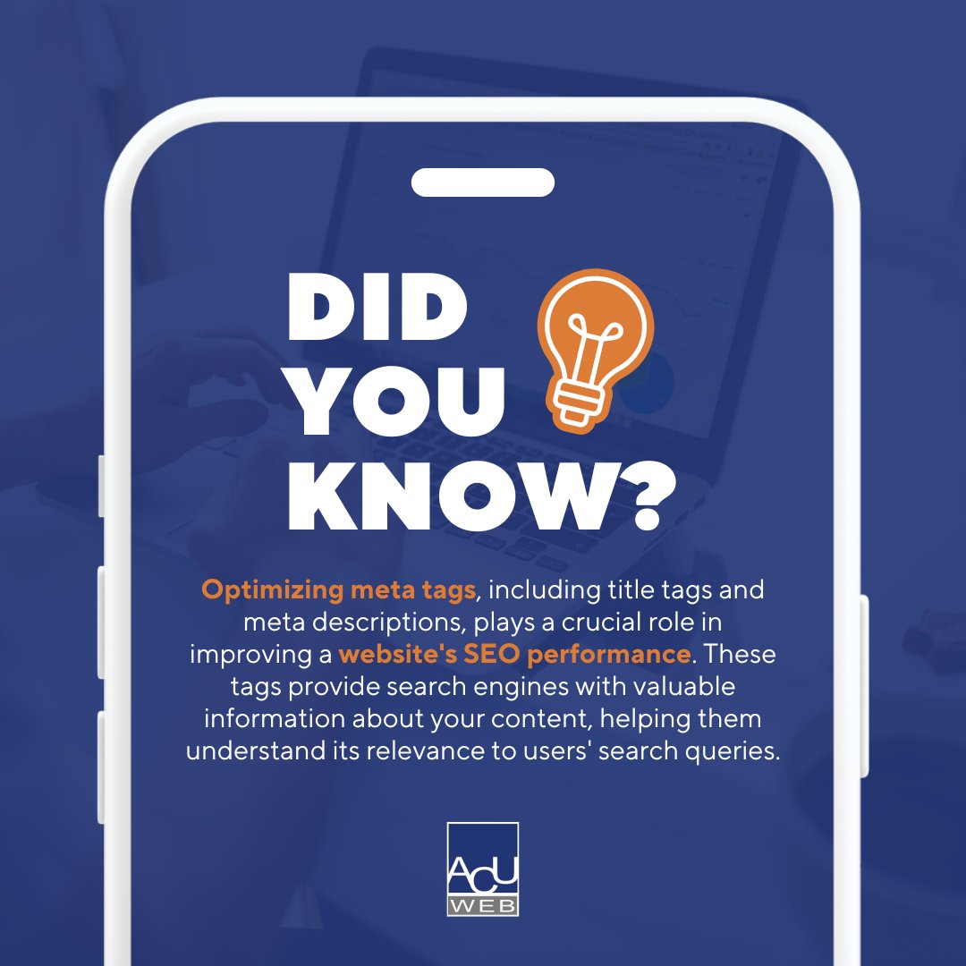 Did you know that optimizing meta tags can significantly boost your website's SEO performance? Stay tuned for more expert tips on digital marketing success!

#DigitalMarketing #seo #metatags #ACUWeb