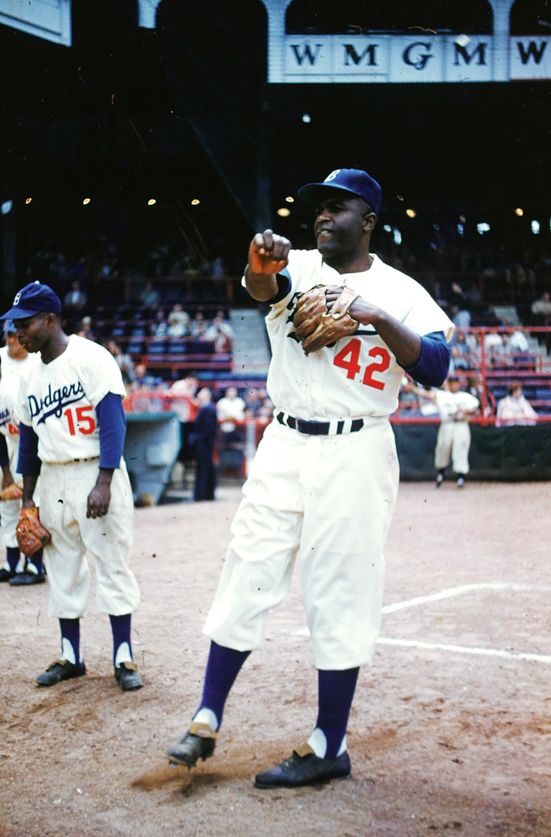 4/17/47 Jackie Robinson beats out a bunt to third base for his first big league hit.