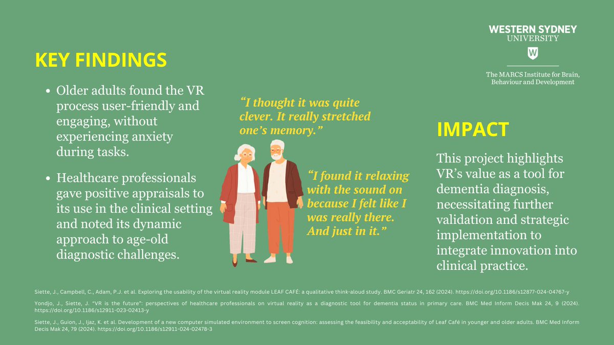 👩‍💻 Imagine #VR revolutionising #cognitive assessment & aiding #dementia #diagnosis. Dr Joyce Siette & team developed a VR game for everyday task assessment. Seniors found it engaging & #healthcare professionals praised its dynamic approach. Read more: tinyurl.com/424atre7