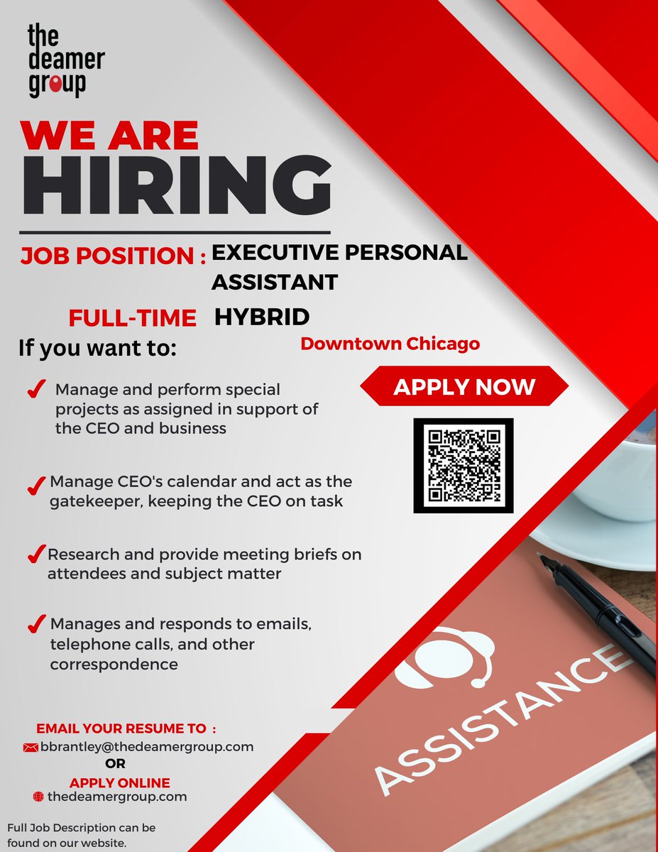 Executive Personal Assistants in the Downtown Chicago Area, WE NEED YOU!! Check out this job description and apply on our website! #ChicagoJobs #PersonalAssistants #DowntownChicago #NowHiring #JobOpening #JobSearch #JobListing #HiringNow #JobOpportunity #ApplyNow