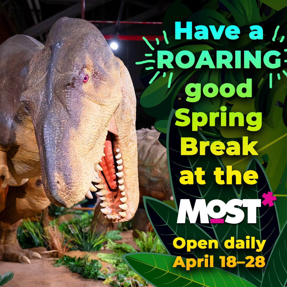 🦖 Have a DINO-mite Spring Break at the MOST! most.org/events • Daily activities in our STEAM Café • Earth Day Festival, Mon. • STEM Story Time with Castiel Trimarchi from Kool Kidz Daycare, Tues., 11:30 • Rothschild Apothecary Shop, open 3pm daily • 5 movies a day