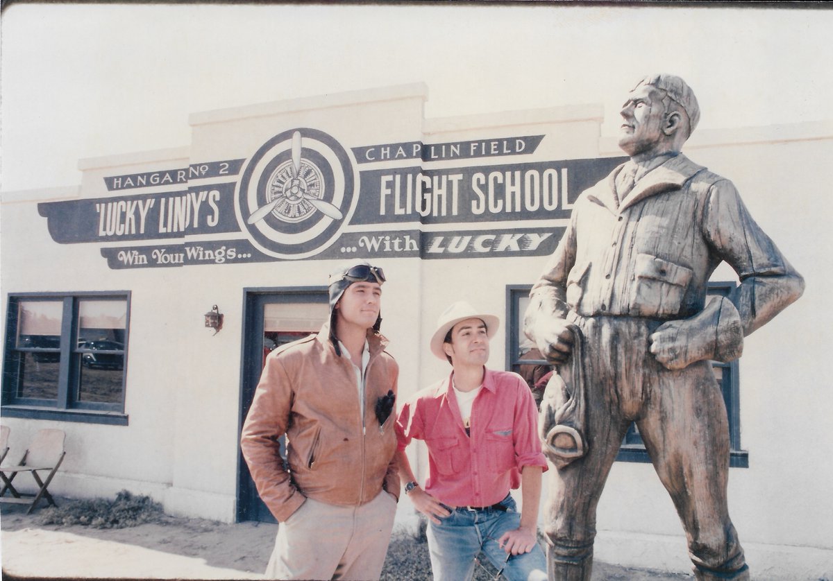 Billy Campbell, Dave Stevens and Lucky Lindy on the Rocketeer movie set in Santa Maria, California #disneyrocketeer #rocketeermovie #davestevens #movieset