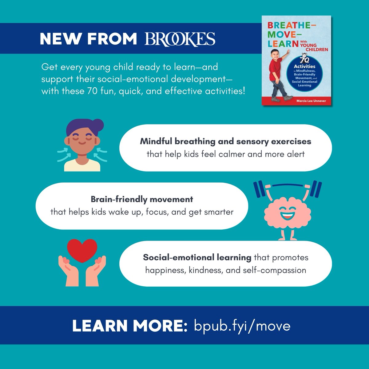 BrookesPubCo's tweet image. Teachers of #EarlyChildhood through Grade 3 will love Breathe–Move–Learn, a unique combination of #SEL, mindfulness, and brain-friendly physical activity that promotes growth, development, and behavior management. Explore the book: ecs.page.link/4Xwrw #MovementBasedLearning