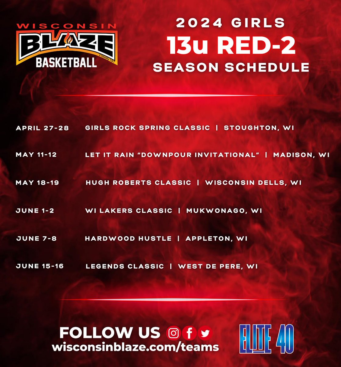Here are the Girls 13U schedules for the 2024 AAU season! #wisconsinblaze #beyourbest #betheflame🔥