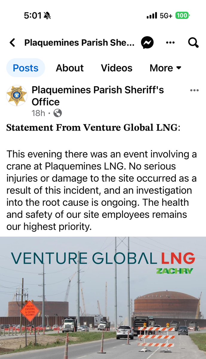 I just saw this on Facebook. There was a crane accident at Plaquemines LNG yesterday. No serious injuries or damage. #LNG #ONGT #NatGas #Shale #OOTT #NOLA #Louisiana