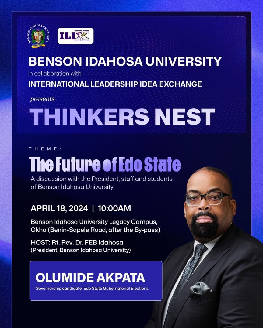 Breaking News 🗞️ : #Edo2024 The leading Gubernatorial Candidate @OlumideAkpata in the coming Election 🗳️ in September 2024 will engage brilliant young minds at the prestigious Benson Idahosa University tomorrow at 10am. Join us for this important engagement event for firsthand…