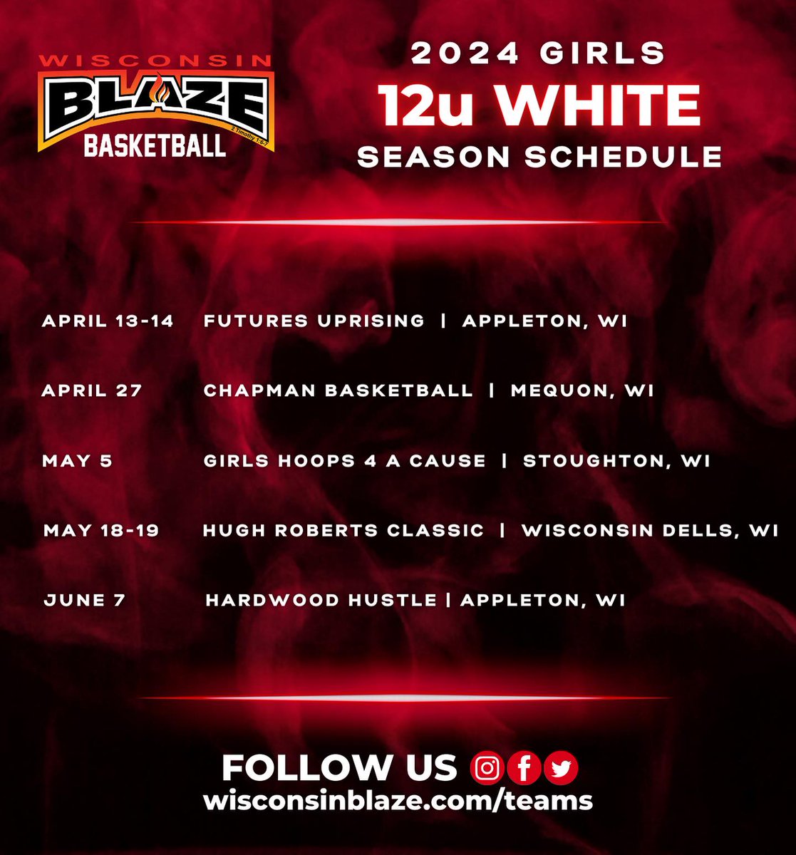 Here are the Girls 12U schedules for the 2024 AAU season! #wisconsinblaze #beyourbest #betheflame🔥