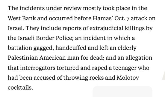 Important for the 'there was peace before 10/7' crowd: the extrajudicial killings and other crimes that Blinken is sitting on are from before 10/7