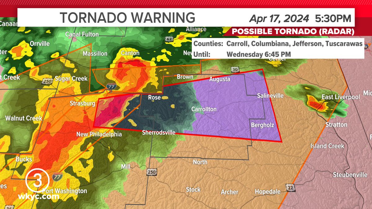 Tornado WarningCarroll, Columbiana, Tuscarawas, Jefferson until Apr 17, 2024 6:45PM 
Take shelter immediately if in the warning. #3weather