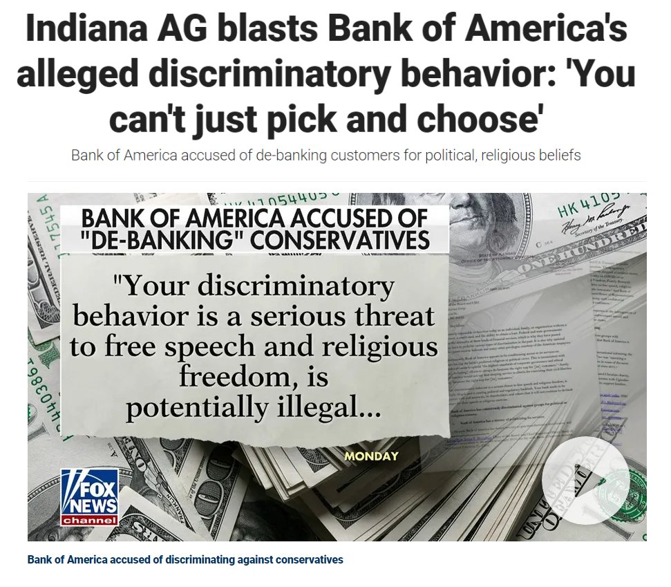 From Fox News Business: U.S. attorneys general are calling out Bank of America’s alleged 'discriminatory behavior' in a penned letter that condemns the de-banking efforts targeting customers for their religious and political beliefs.

My comment: I think it's been a given that…