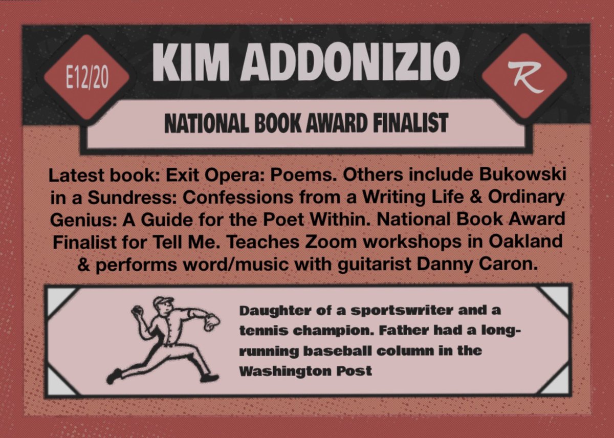 poetbaseball's tweet photo. Poet Baseball Cards
Series E Card #11/20

So fortunate to be able to feature the one and only @KimAddonizio 

Latest book: Exit Opera: Poems. Other books include Bukowski in a Sundress: Confessions from a Writing Life and Ordinary Genius: A Guide for the Poet Within. https://t.co/Rtjr6nGSWU