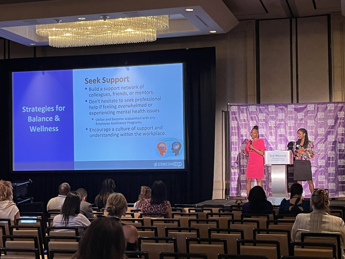 AndrewJBelanger's tweet photo. April Leonard from the Kansas City Health Department & Andrea Watts from the City of Kansas City, Missouri, present “Balance & Wellness Strategies for Busy Communication Professionals” this morning at #GSMCON2024 in Palm Springs, CA. #TogetherGSM #SocialGov https://t.co/MeJ8gP039w