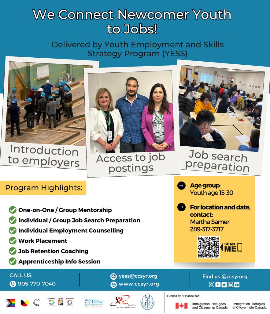 Our Youth #Employment and Skills Strategy Program offers tailored #mentorship and support for job search, #counselling, placements, and more to kickstart your #career. Connect with Martha Samer for more information.
#youthemployment #jobskills #jobsearch #ccsyr #yorkregion #yess
