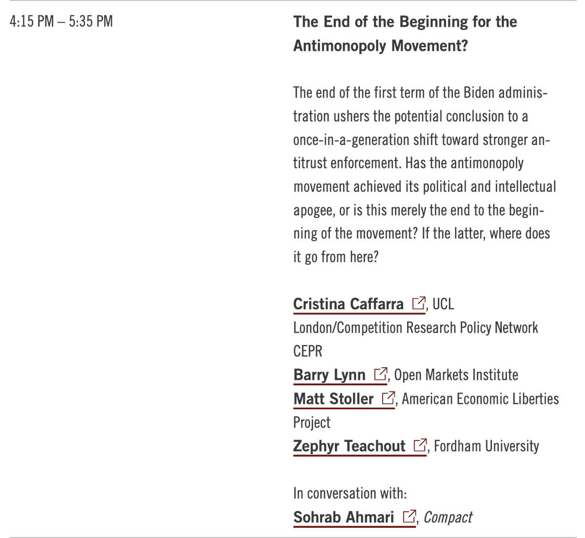 Tomorrow, I'm moderating a panel on 'The End of the Beginning for the Antimonopoly Movement?' at the Stigler Antitrust Conference @UChicago. Featuring @matthewstoller, @ZephyrTeachoutm, @Caffar3Cristina, and Barry Lynn of @openmarkets. Details >>> chicagobooth.edu/research/stigl…