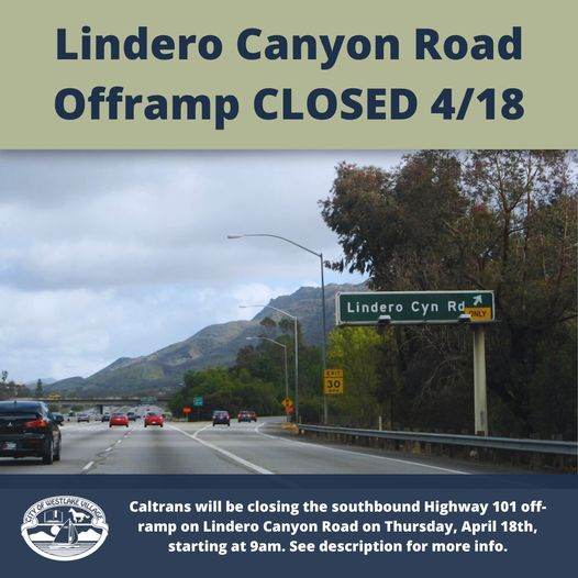 Repost @cityofwlv 🚗@CaltransDist7 will be closing the 101S Lindero Cyn exit, 4/18 @ 9am, due to a downed tree. 🚕 This exit is expected to be open 4/18 by 3pm, details subject to change. #CityofWLV #WestlakeVillage #CalTrans #LinderoCanyon facebook.com/LostHillsSheri…