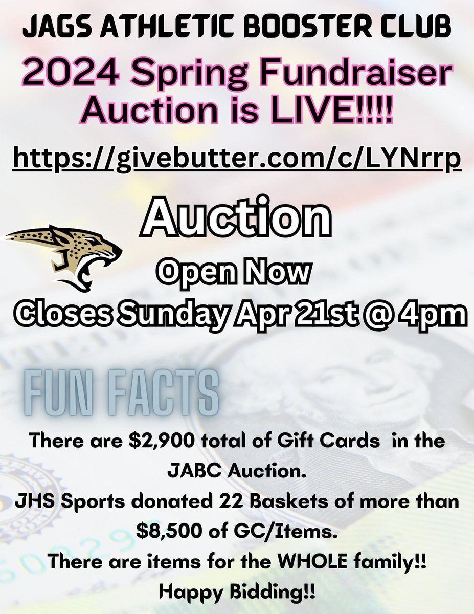 The JABC 2024 Spring Fundraiser Auction is live!! The Auction will close on Sunday, April 21st at 4pm. Winners will be notified via email. We are using a new site this year, the opening page is our THANK YOU to our sponsors, our purpose and our GOAL!!! givebutter.com/c/LYNrrp