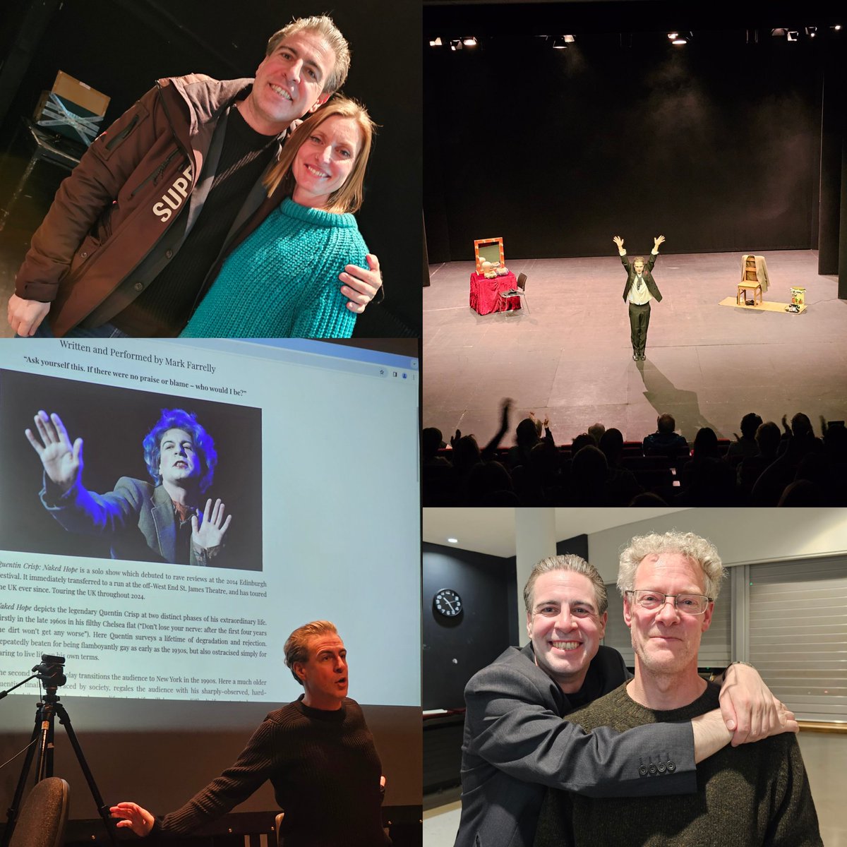 Aberystwyth day: guest speaker to Aber Uni students about careers in the arts (thanks Louise Ritchie for inviting me) performance of Quentin at Aber Arts Centre, audience Q & A with Louise, then finding that my brilliant A-Level English teacher was in the audience #Theatre #Solo