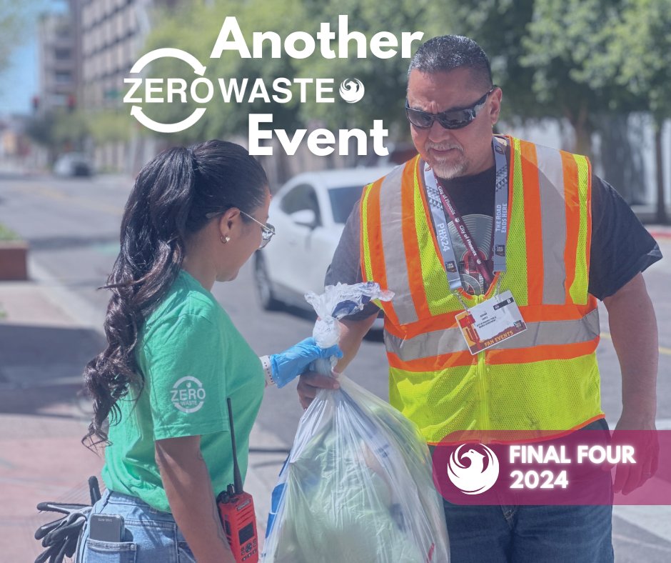 We're celebrating another huge Zero Waste event!🏆 After surpassing 90% diversion during the Super Bowl in 2023, we did it again during the #FinalFour. Take a look at Phoenix Public Works by the numbers during Final Four Fan Fest 2024. 🧵 1/5 @CityofPhoenixAZ @PhoenixConCtr