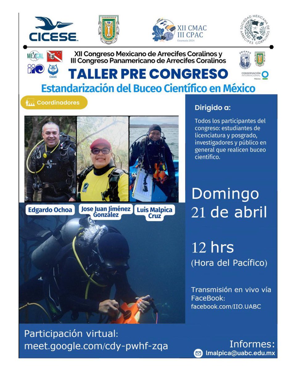 🔴 En el marco del XII Congreso Mexicano de Arrecifes Coralinos y eI Ill Congreso Panamericano de Arrecifes Coralinos se realizará el TALLER PRE CONGRESO: Estandarización del Buceo Científico en México.

#SoyFMAS

#scuba #cmas #buceofmas #fmas50años #buceaseguro #UABC