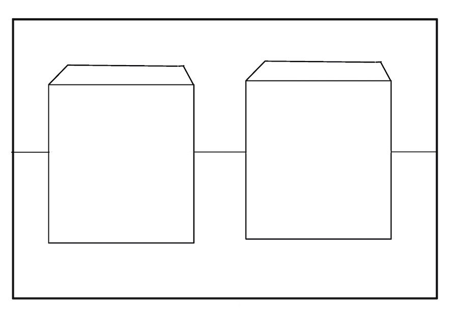 立方体を2つ並んでいる絵を描いてもらうと、パースを知らない初心者はこんな描き方をします。 