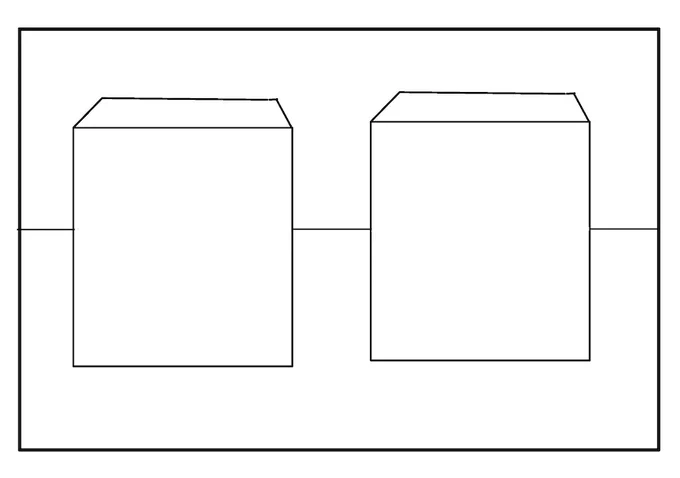 立方体を2つ並んでいる絵を描いてもらうと、パースを知らない初心者はこんな描き方をします。 