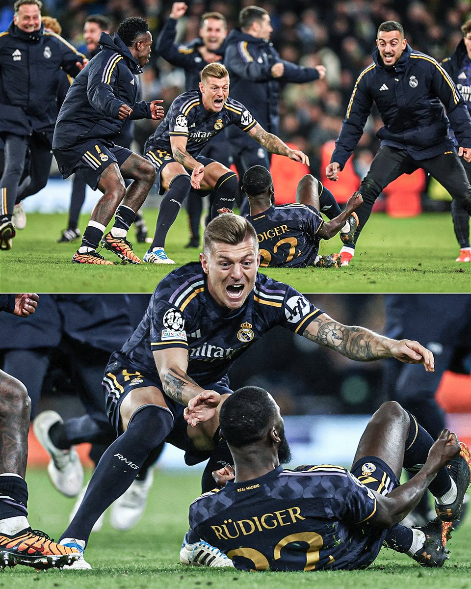 Toni Kroos breaking character and showing emotion after Antonio Rudiger's winning penalty against Man City 😂😂😂😂😂
#HalaMadrid 
#RealMadrid