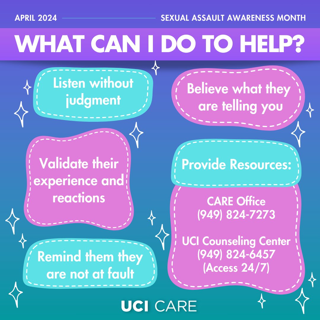 For Sexual Assault Awareness Month #SAAM, here are some helpful tips that can be found on CARE's website that you can follow to help support a survivor. Visit our website for more information: care.uci.edu/support/index.…

#UCI #UCICARE #SAAM #TakeBackTheNight
