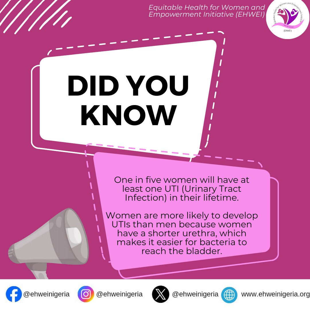 #fact 
The female anatomy makes us more prone to UTIs (Urinary Tract Infection).

Visit ehweinigeria.org

Cc: @initiative_sankofa @nigeria_swa @globalfund @sexyprincess43 @apinnigeria @ecewsnigeria @good_women_association 

#ehwei
#ebonyistate
#sexworkers
#sexwork