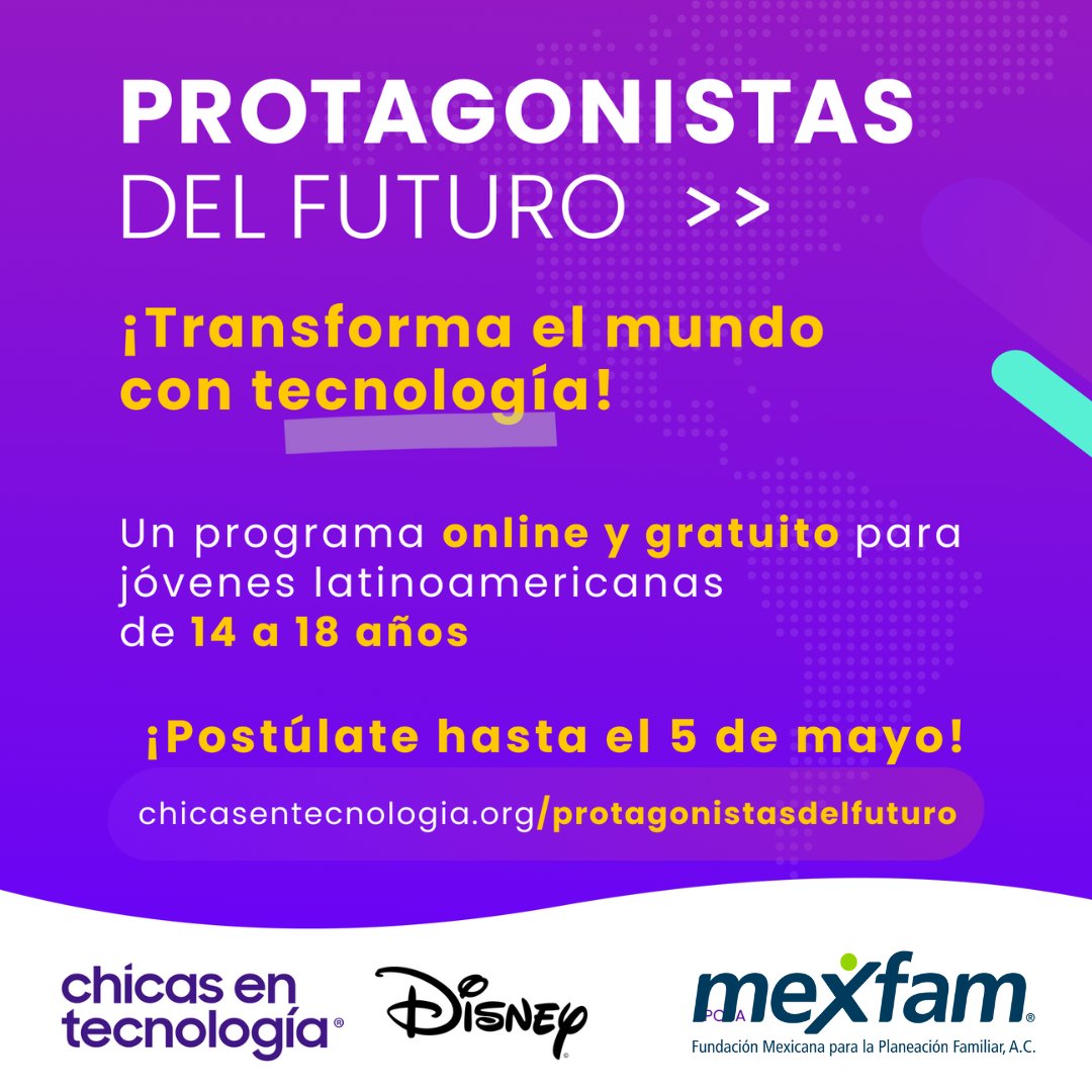¡Únete al Programa Protagonistas del Futuro! 🌟🌎 Aprende a desarrollar apps con Chicas en Tecnología y Disney. ¡Gratis para jóvenes de 14 a 18 años en Latinoamérica! Certificación y oportunidades exclusivas te esperan. ¡Inscríbete hasta el 5 de mayo! 💡💻 @chicasentec