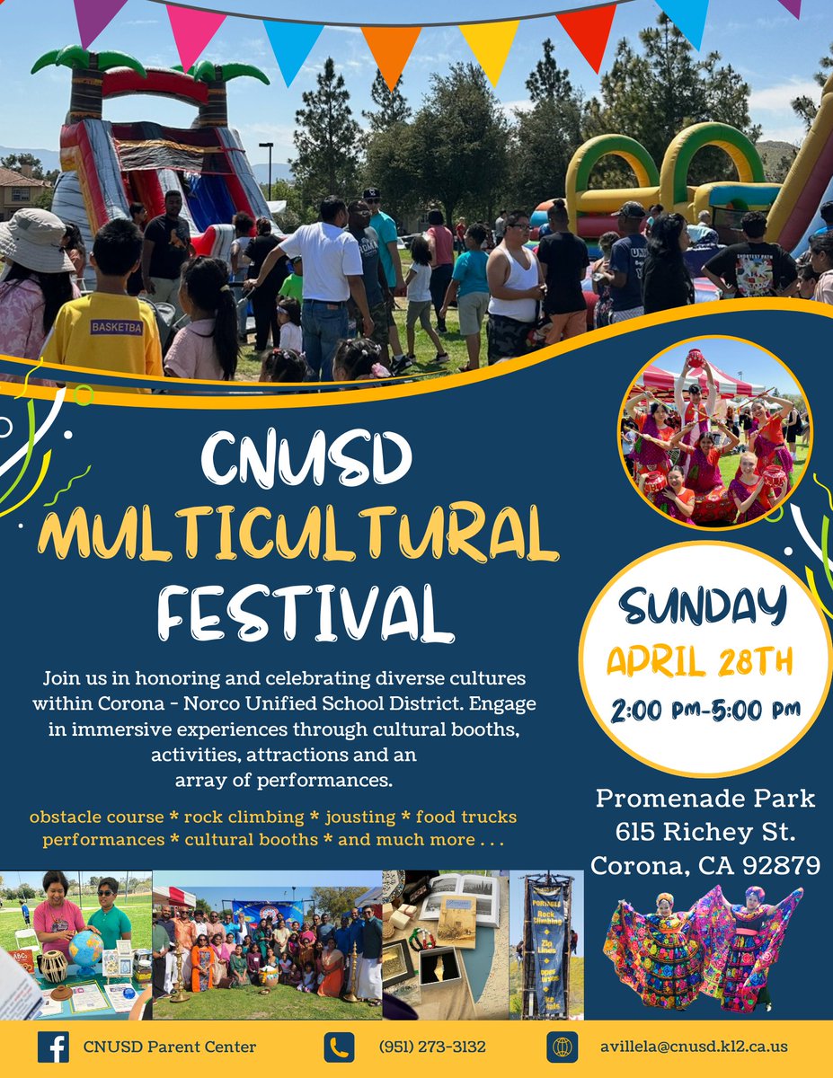 🌞Join our CNUSD Parent Center at the Multicultural Festival on Sunday, April 28th from 2 p.m. to 5 p.m. at Promenade Park in Corona! Find more information below.