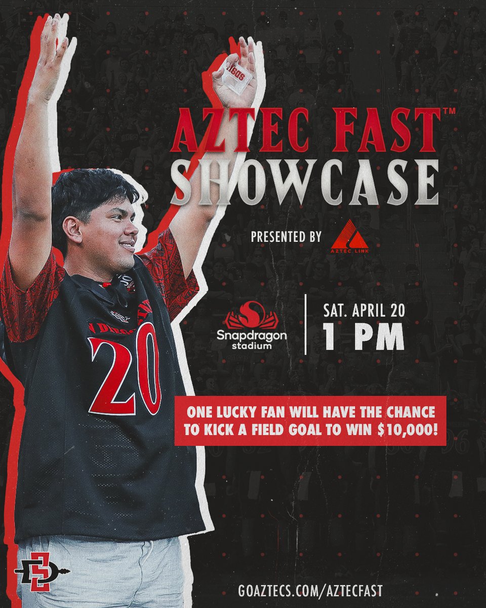 We can't wait to see our fans on Saturday and 1 lucky fan will have the opportunity to kick a field goal for $10,000! Claim your FREE 🎟️ to the showcase at GoAztecs.com/AztecFAST