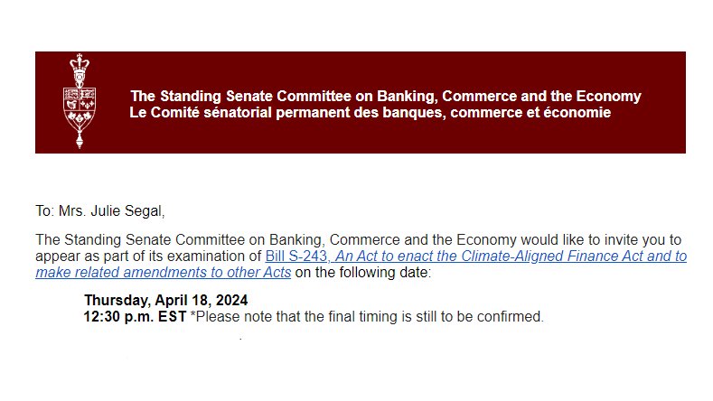 I was just invited to testify tomorrow to the Canadian Senate about the Climate Aligned Finance Act #CAFA. Wish me luck!