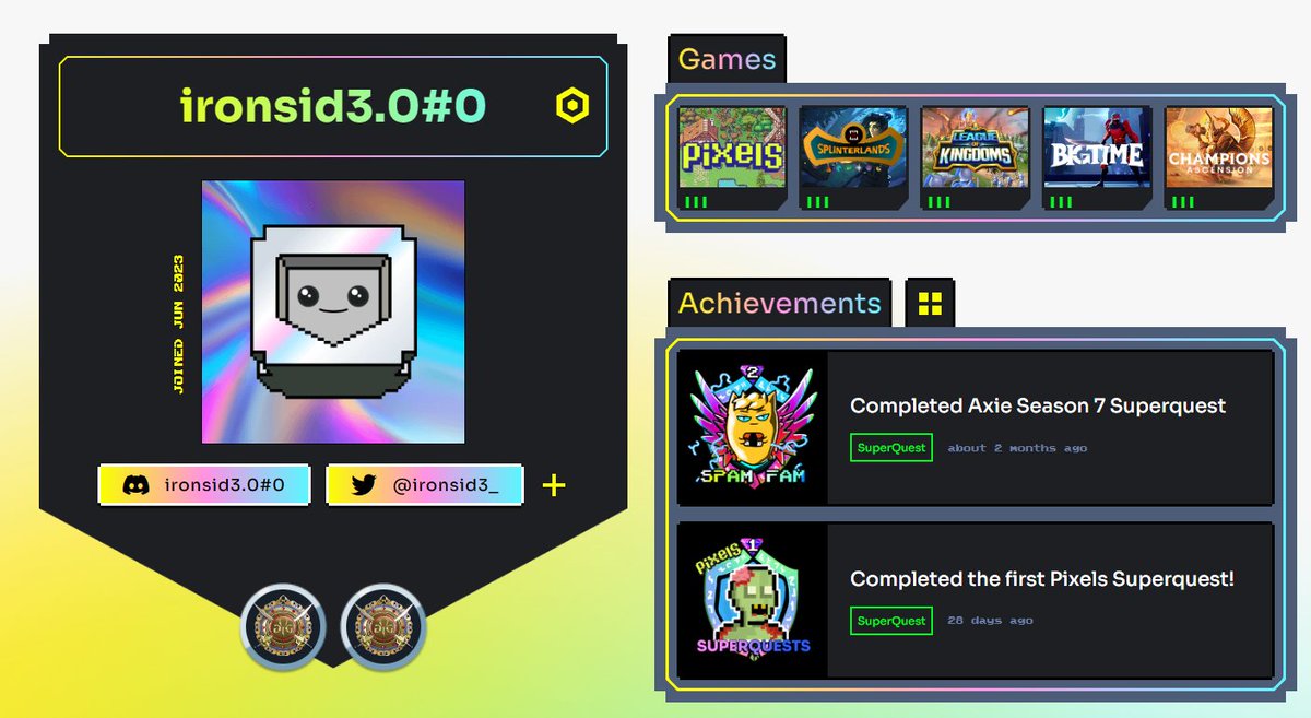 Sharing my Superquest achievement badges from YGG! I am not sure why other quests/badges are not showing but you can see I did @AxieInfinity and @pixels_online Superquest. #YGGcontest4 @YieldGuild