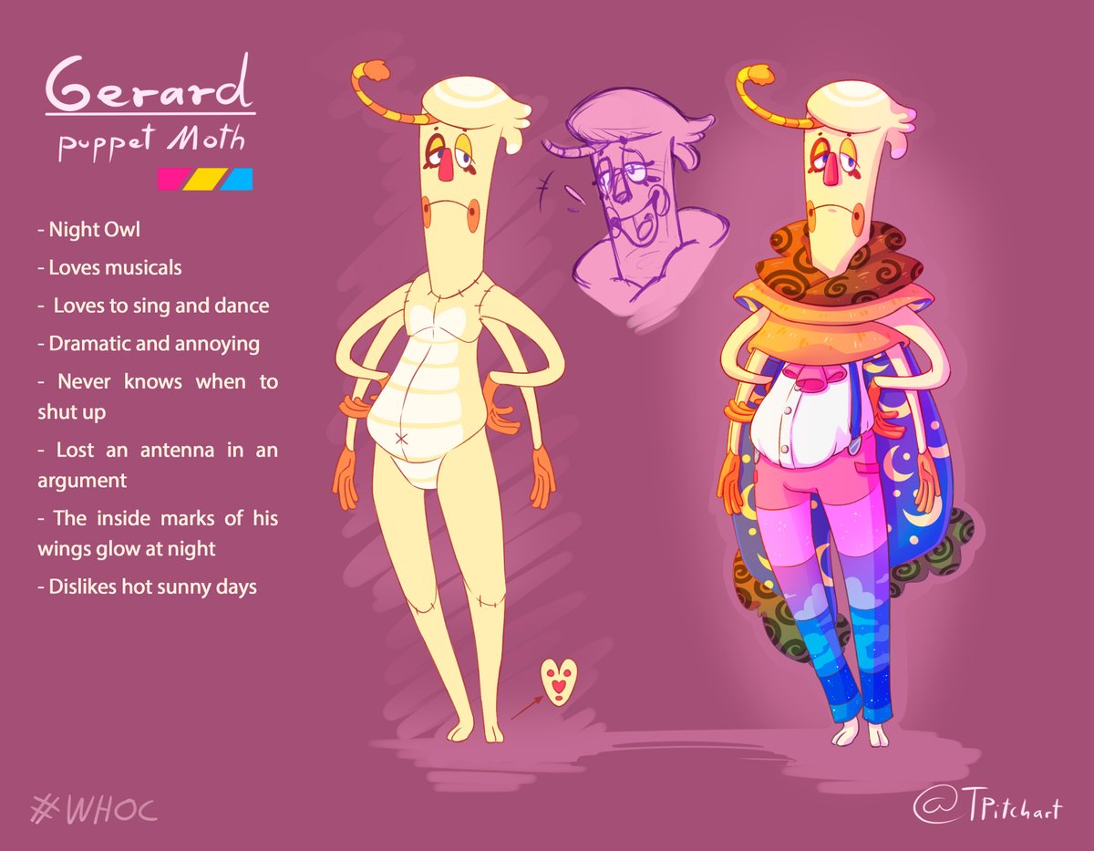 OC Gerard. Moth Puppet who can be found singing and dancing all alone at night as if his life was a musical, which annoys sleeping neighbours.🦋 Thanks to @Cofi_Still for giving me opinion on his design a month ago~❤️ #welcomehomeoc #WelcomeHome #puppetoc #puppets